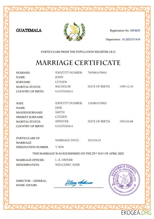 Modèle Word et PDF d'acte de mariage au Guatemala